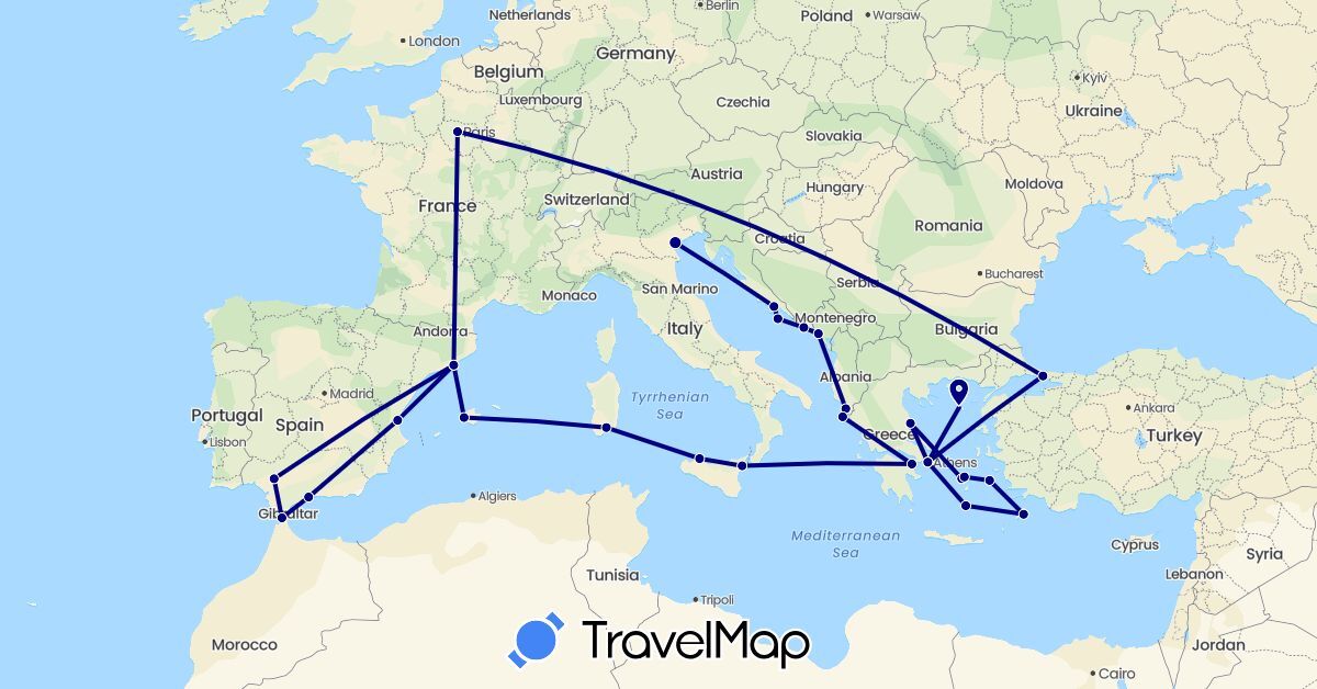 TravelMap itinerary: driving in Albania, Spain, France, Greece, Croatia, Italy, Montenegro, Turkey (Asia, Europe)